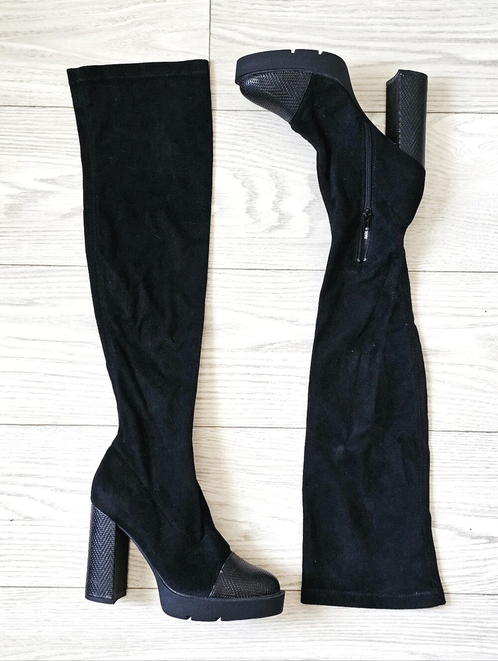 Forever 21 Black Over the Knee Boots Size 7 Chunky Block Heel Faux Suede